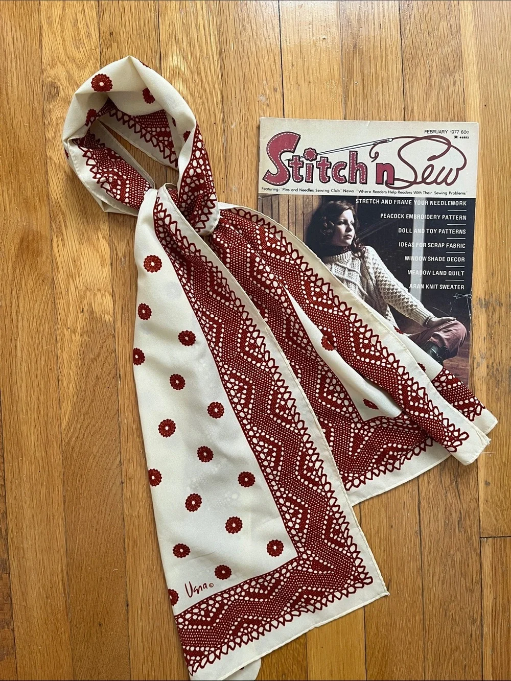 70s Vintage Vera Long Scarf Rust Red Brown & Cream Hand Rolled Headscarf